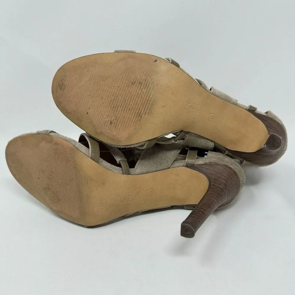 Levity Gladie Strappy Leather Stacked‎ Heel Taupe Gladiator Tan Ankle Mule 8